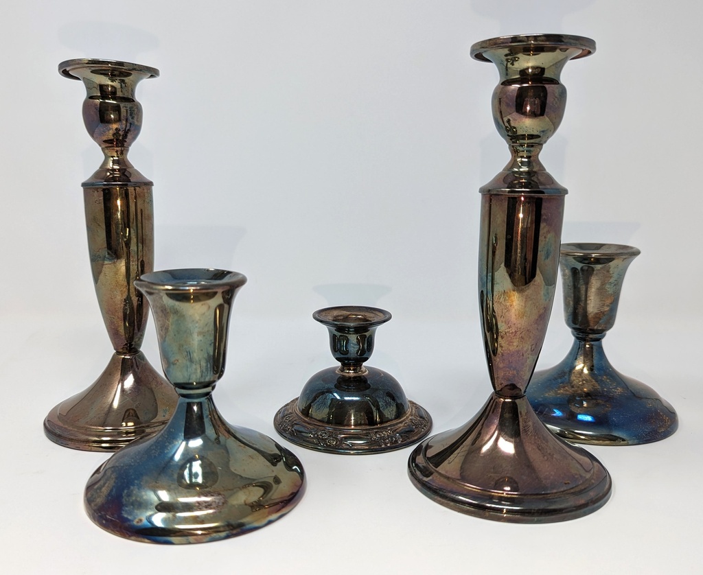 Antique Silver Pillar Candleholder Varied Sizes and Designs set of 5